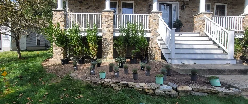 Potted plants during landscape installation in Groton, CT.