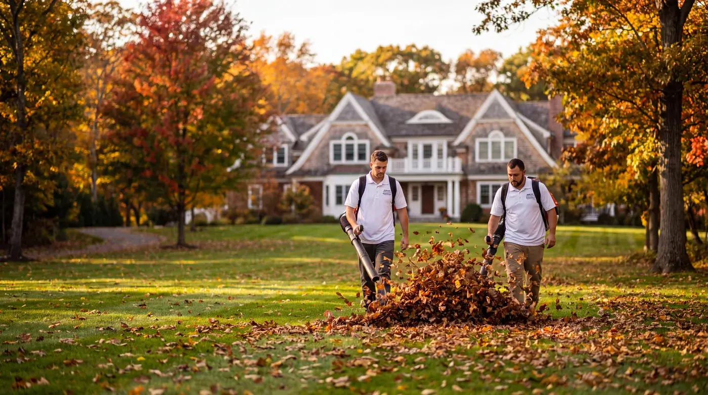 Fall leaf cleanup at a shoreline property in Stonington CT