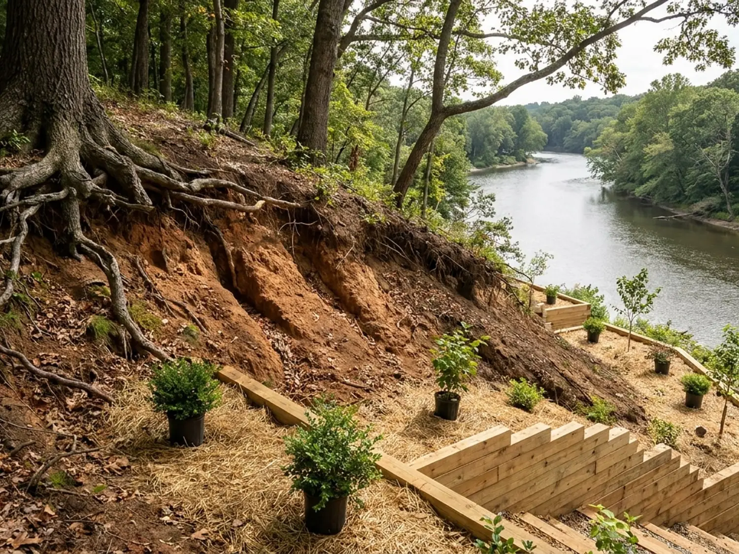 Eroding wooded riverbank slope terraced and planted at Gales Ferry CT