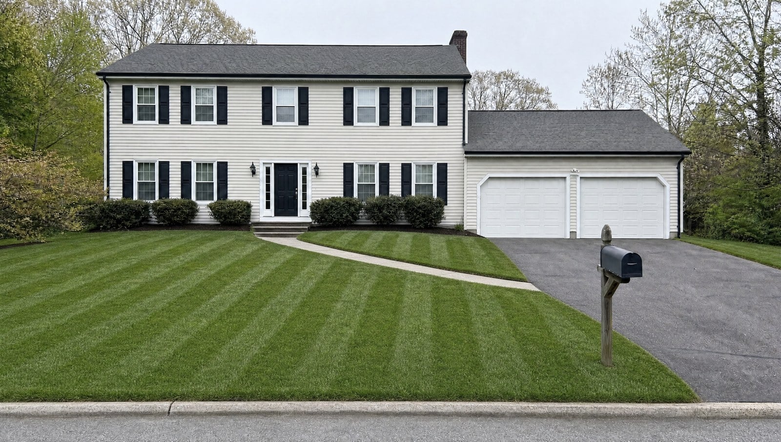 The same front lawn after weekly lawn mowing in Mystic CT, striped and edged