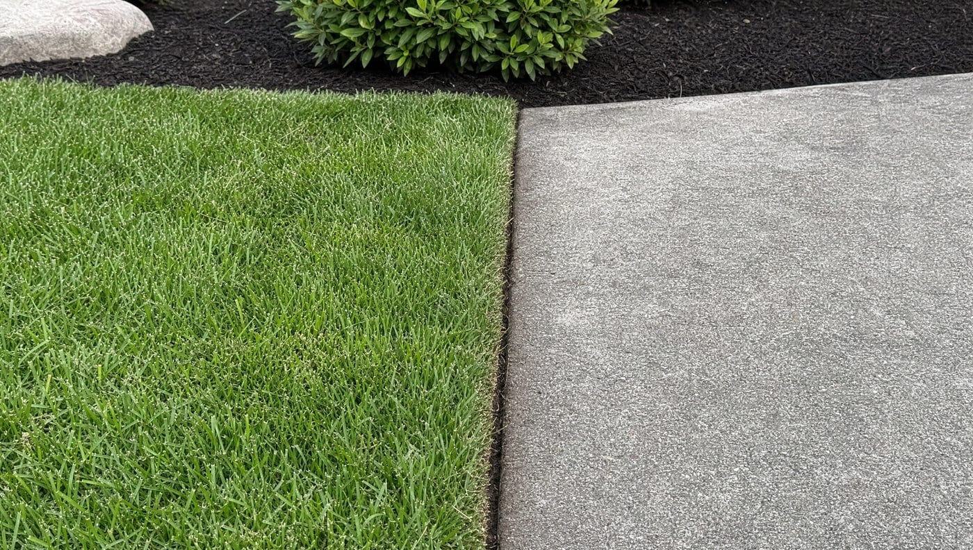 Crisp cut edge where mown turf meets a concrete walkway in Stonington CT