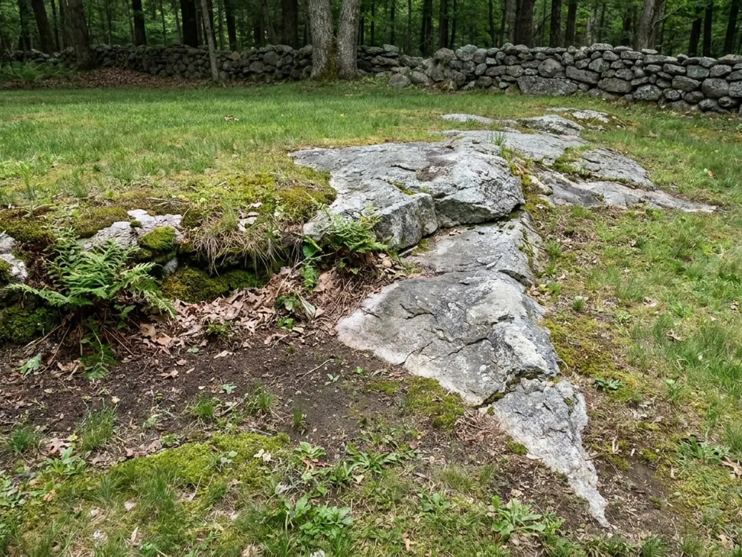 Granite ledge breaking through shallow lawn soil on a Ledyard CT property