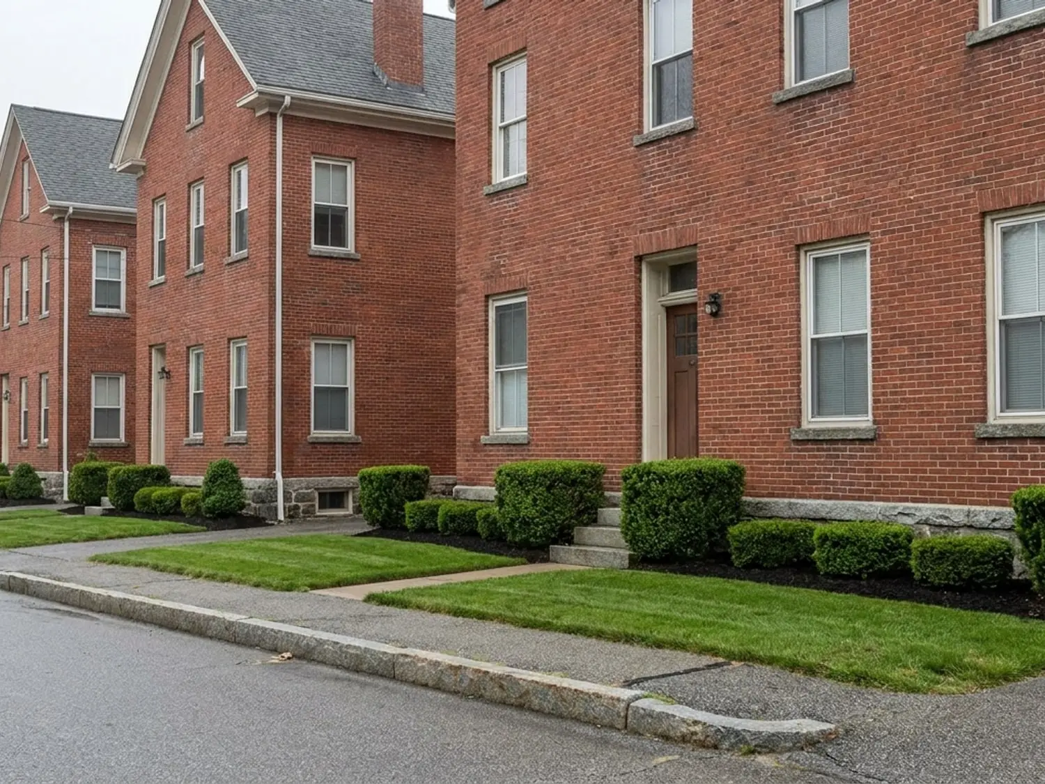 Small tidy front yards on a dense mill village street in Taftville, Norwich CT