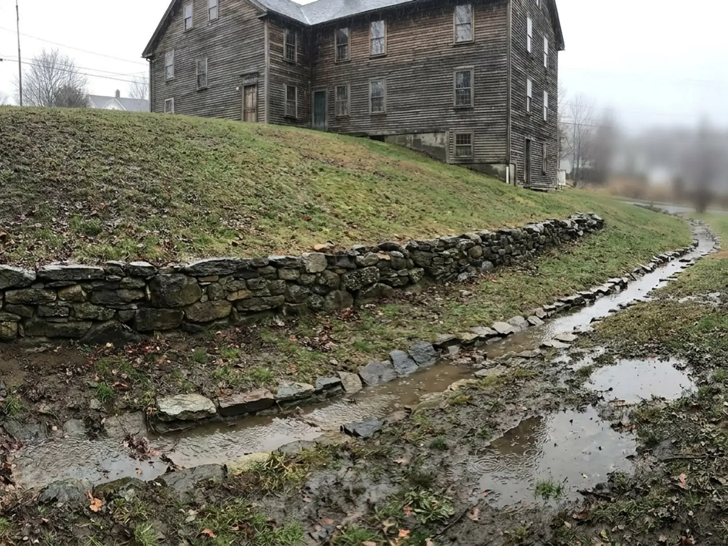Grassed slope, retaining wall and stone drainage swale behind a Norwich CT house
