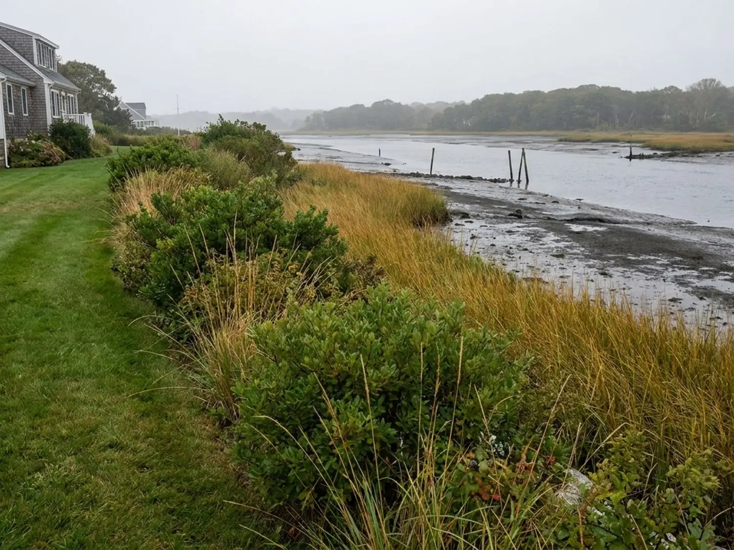 Mown lawn stopping at a native shrub buffer along the tidal Pawcatuck River