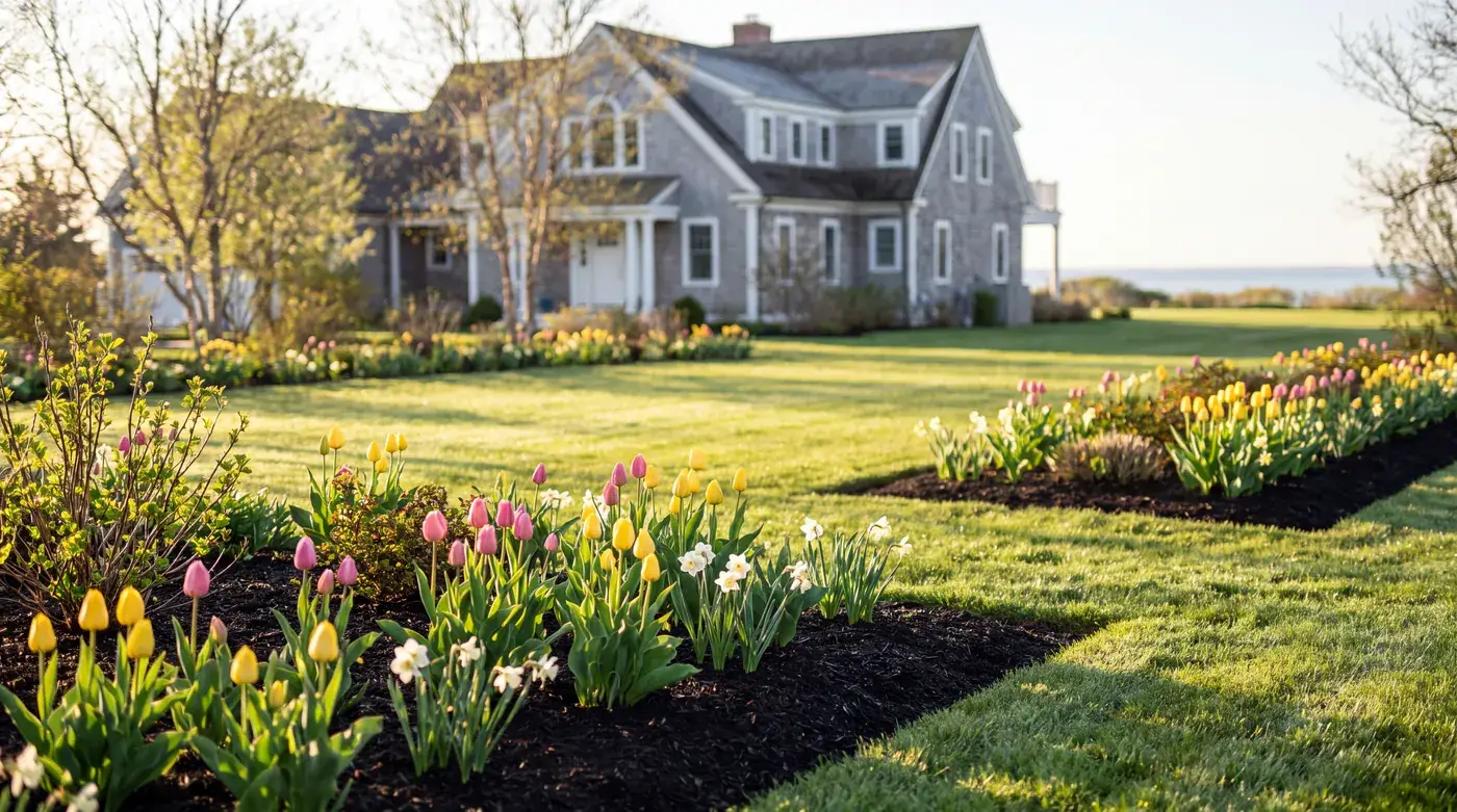 Spring cleanup with fresh mulch beds by a landscaping crew in Mystic CT