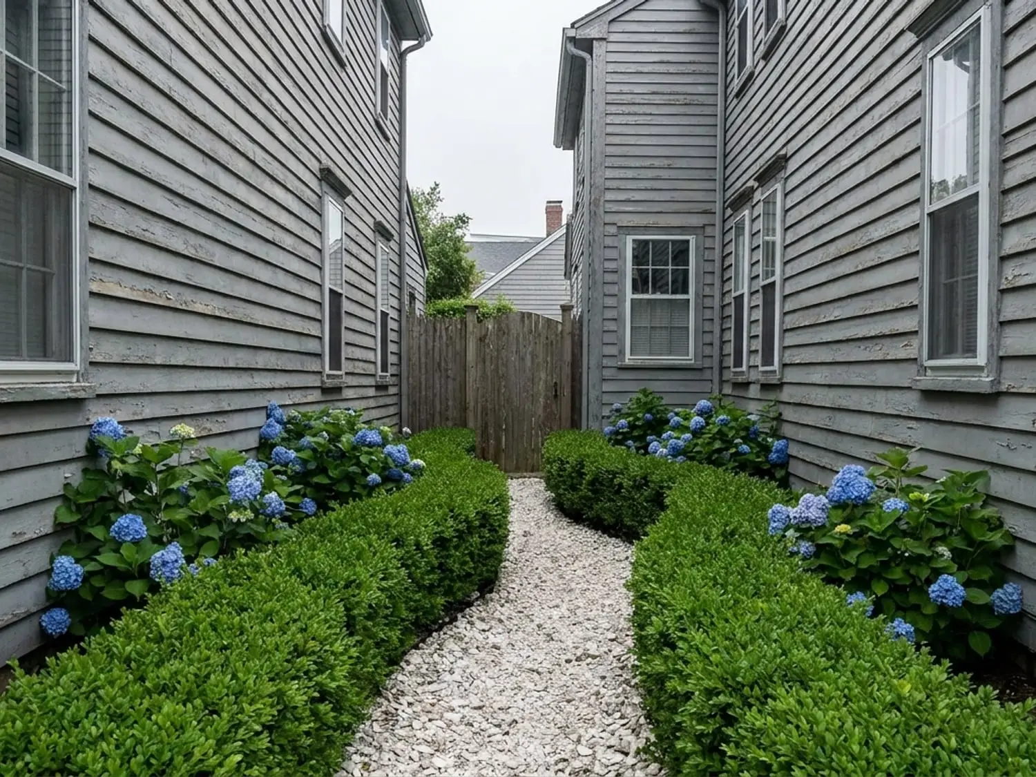 Narrow shell path and clipped boxwood in a tight Stonington Borough side garden
