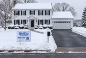 Residential snow plowing in Mystic CT, a driveway plowed to bare pavement with an American Ground & Snow Management yard sign