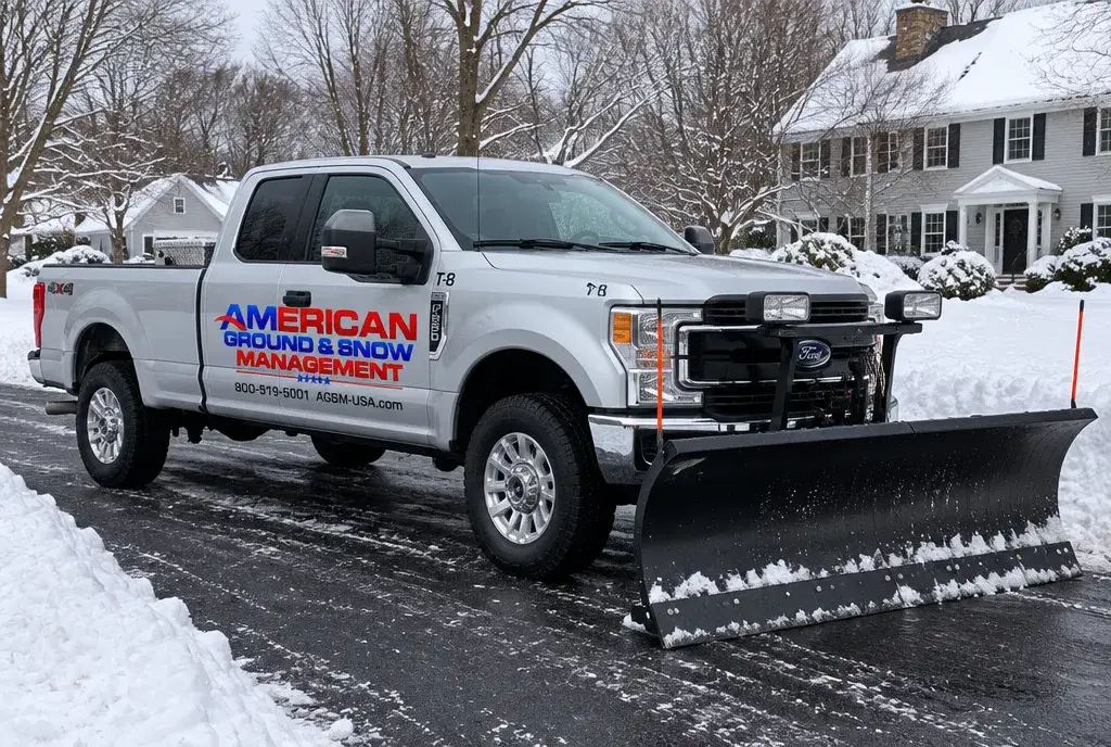 American Ground & Snow Management plow truck at a plowed residential driveway in New London County CT