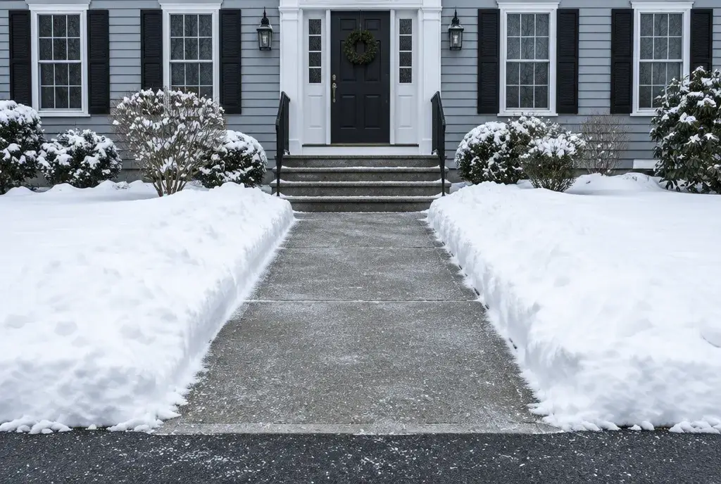 Front walkway and steps shoveled to bare concrete and salted after a Connecticut snowstorm
