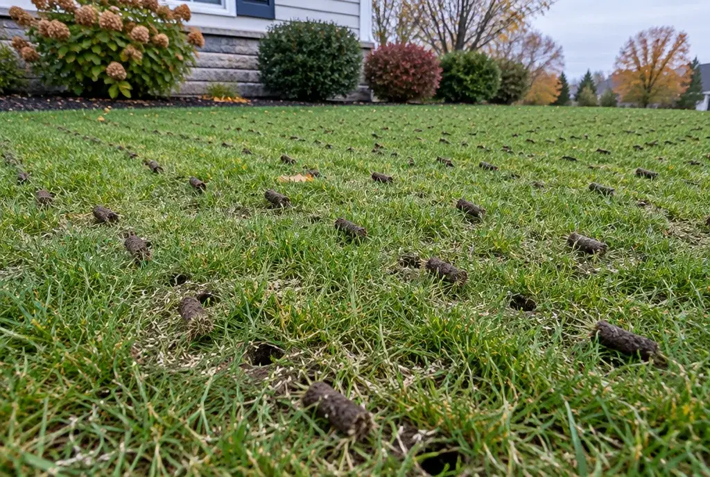 Soil cores and grass seed on a lawn right after core aeration and overseeding