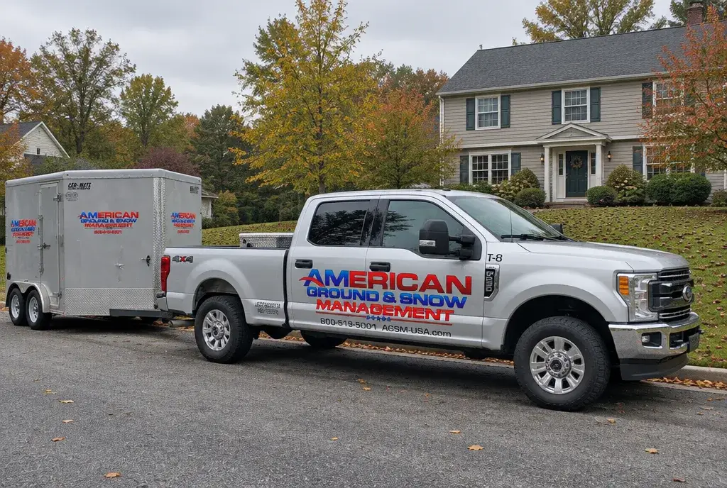 American Ground & Snow Management truck and trailer at a Connecticut home after lawn aeration