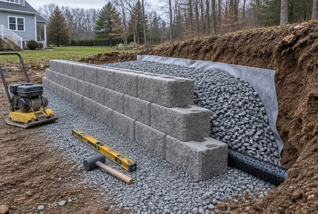 Retaining wall under construction with drainage stone, perforated pipe and filter fabric behind the block