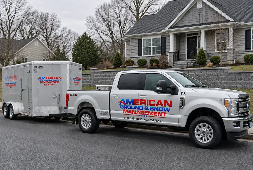 American Ground & Snow Management truck and trailer in front of a finished retaining wall in Connecticut