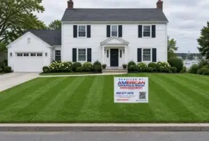 Lawn care service in Mystic CT, a freshly striped and edged front lawn with an American Ground & Snow Management yard sign
