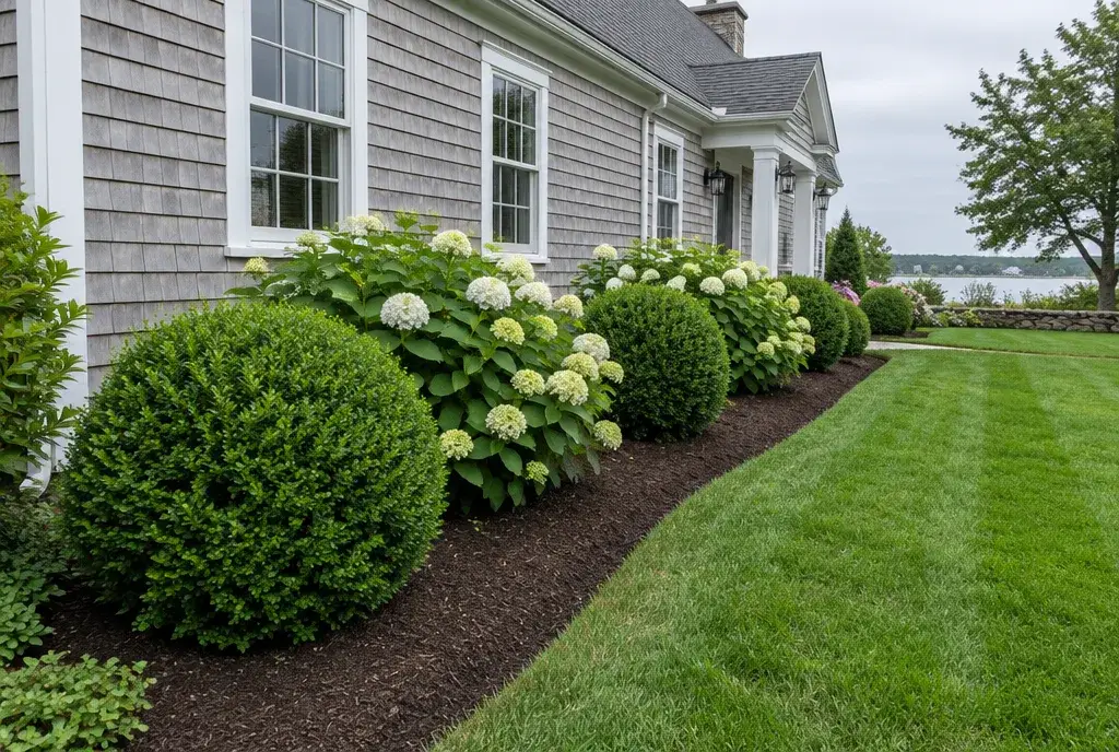 Hand weeded mulch beds with pruned shrubs and a crisp edge along a New England house
