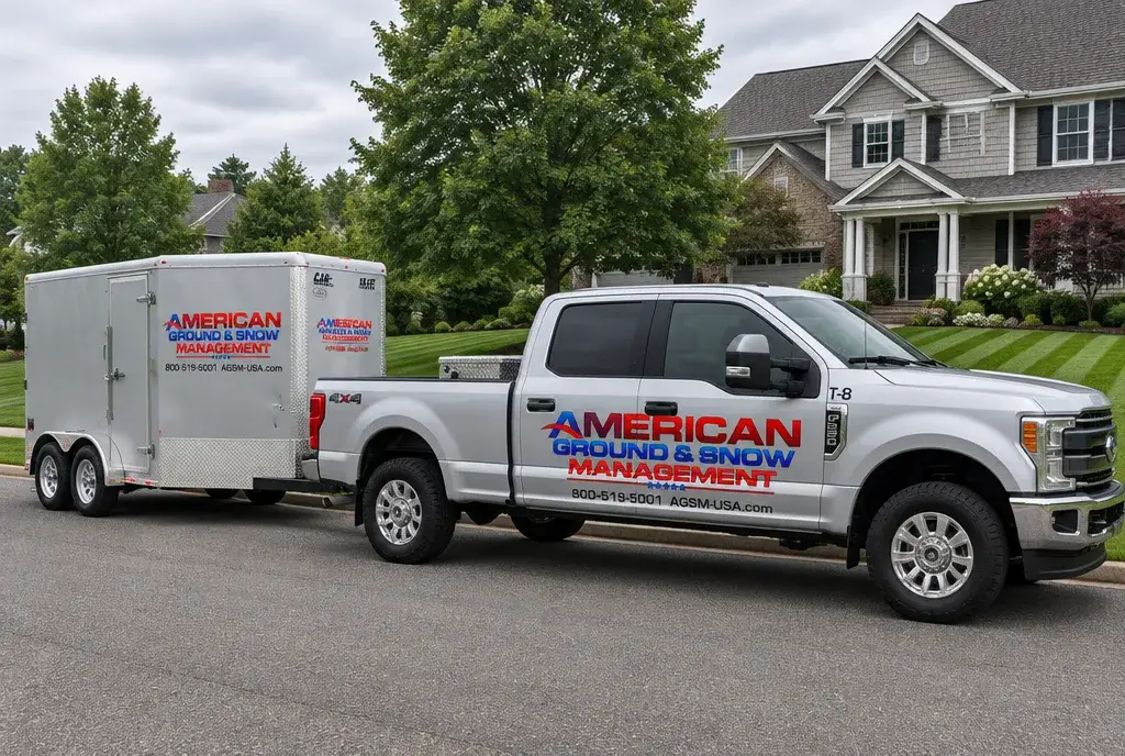 American Ground & Snow Management truck and trailer parked in front of a freshly mowed Connecticut lawn
