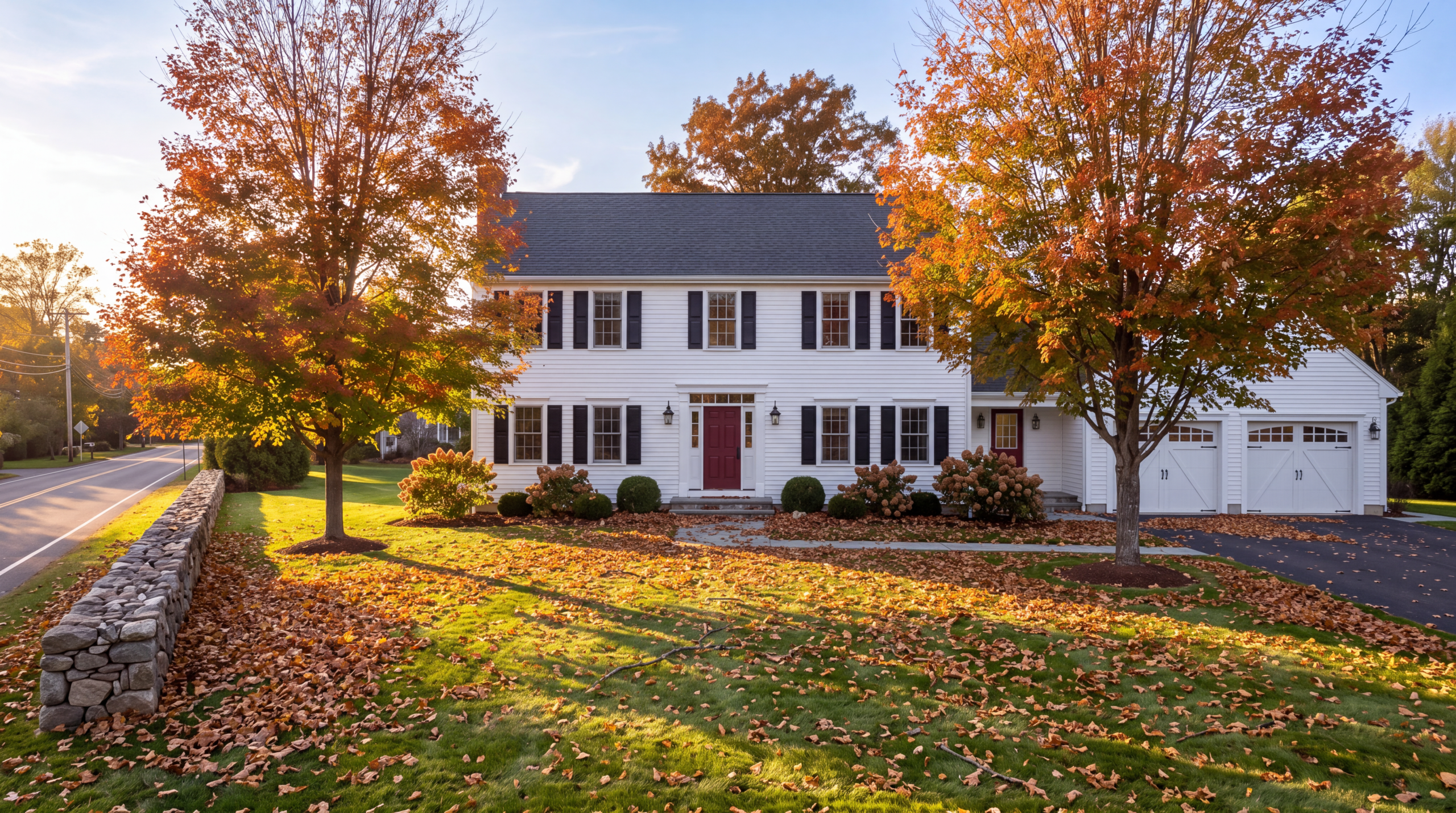 Front yard of a Connecticut colonial covered in fall leaves and sticks before a professional fall cleanup