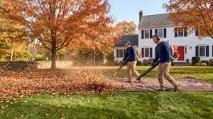 Landscaping crew blowing fall leaves onto tarps during a front yard cleanup in Mystic CT