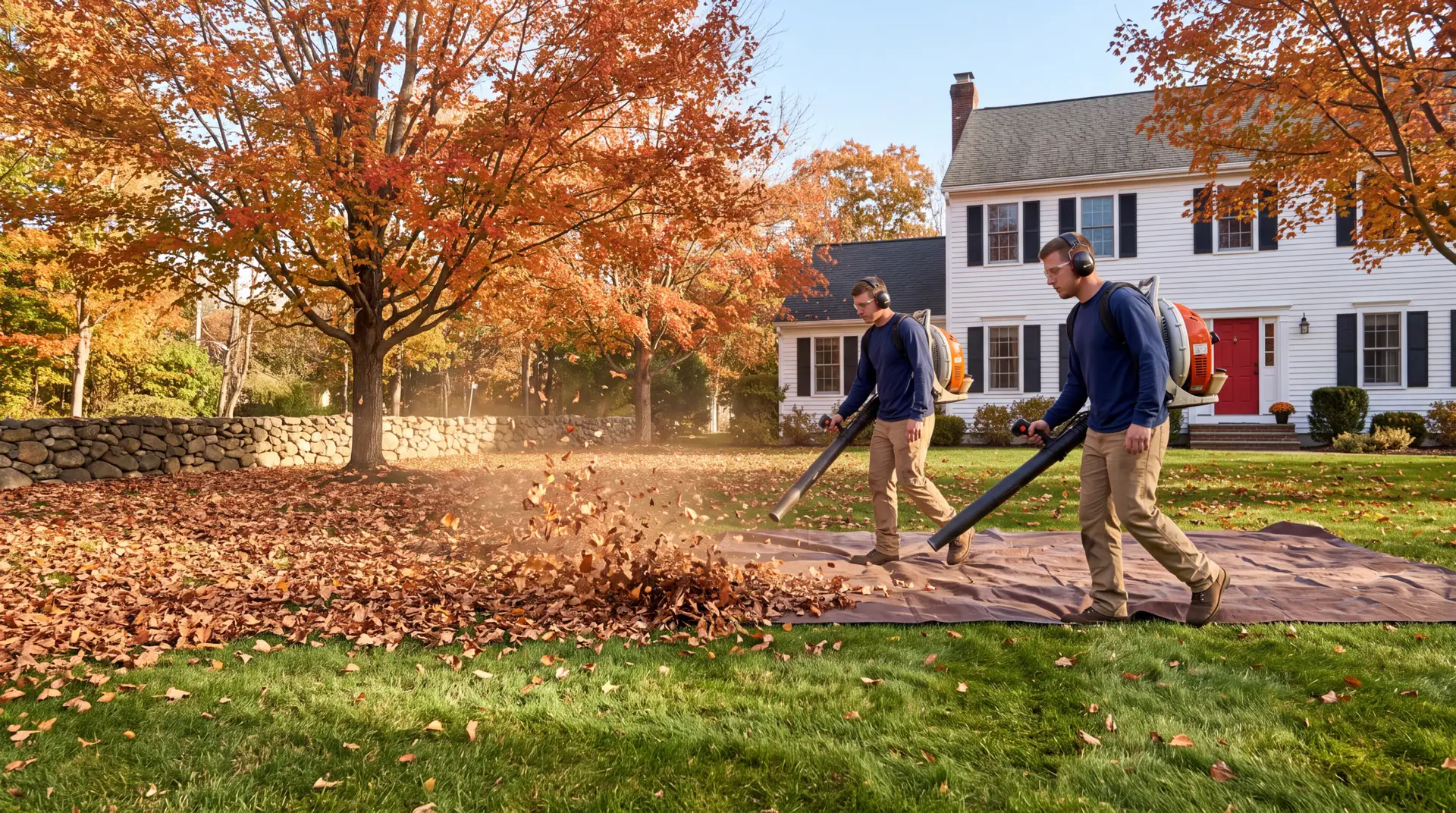 Landscaping crew blowing fall leaves onto tarps during a front yard cleanup in Mystic CT
