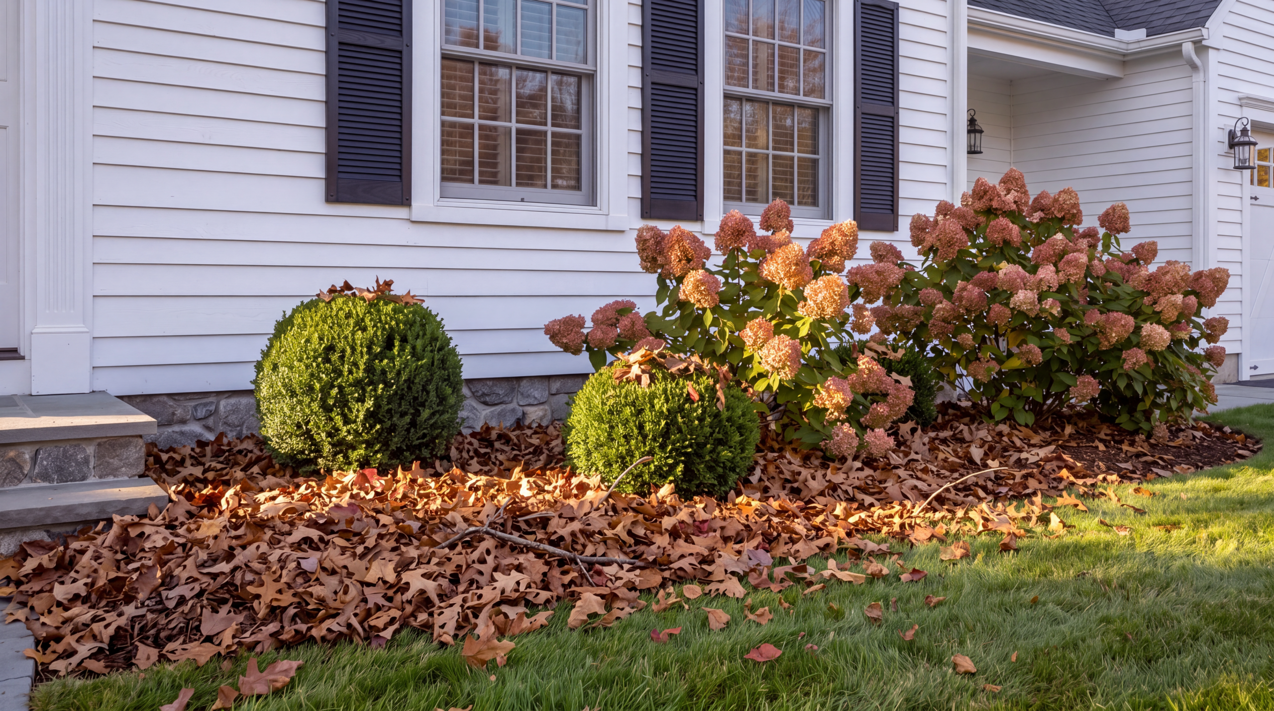 Foundation bed with boxwoods buried under fall leaves against a white colonial home before cleanup