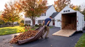 Crew member dragging a full tarp of fall leaves to a trailer for disposal