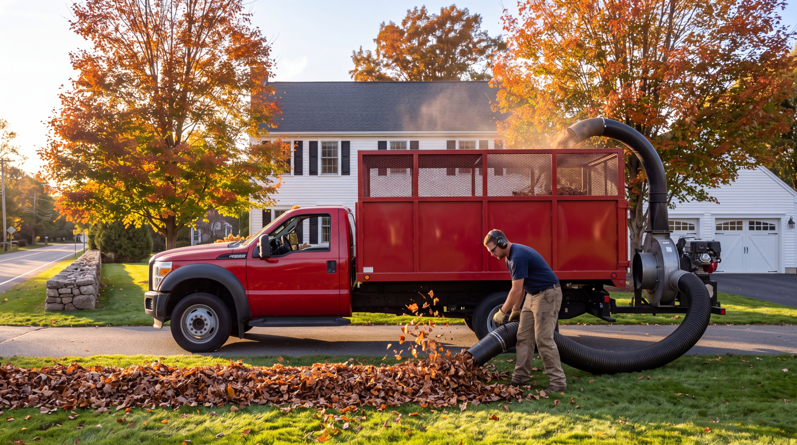 AGSM crew vacuuming fall leaves into a red Ford F-600 leaf box parked in the driveway during a fall cleanup in southeastern Connecticut