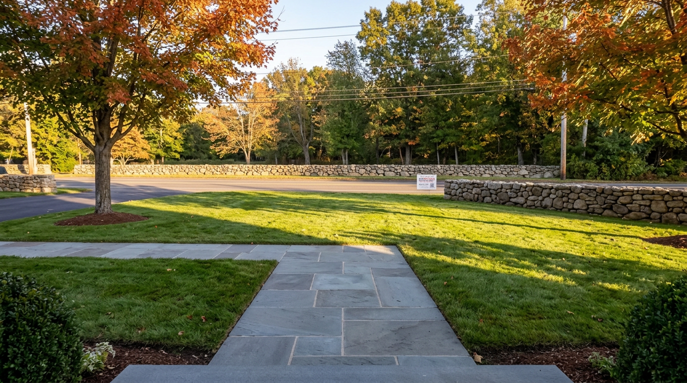 Bluestone front walk and New England fieldstone wall cleared of leaves after a fall cleanup in southeastern Connecticut