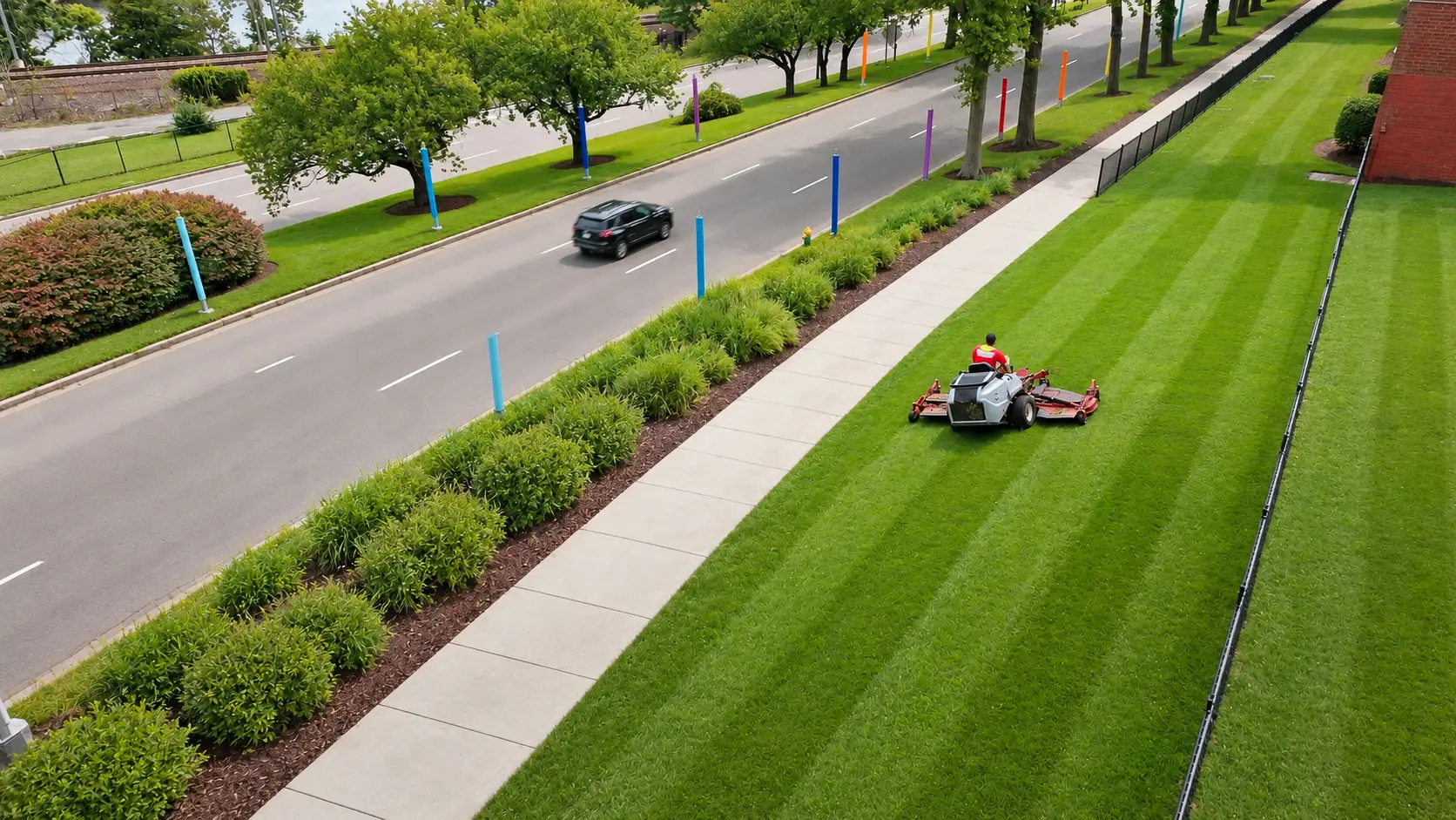 AGSM mowing striped lawn along a street-side property in southeastern CT