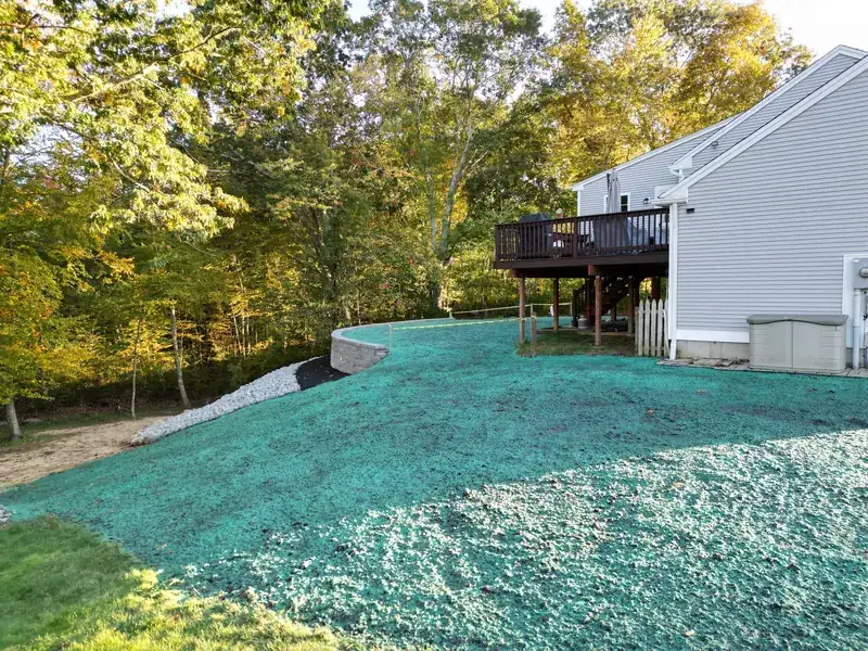 The same backyard after AGSM regraded it and hydroseeded the slope