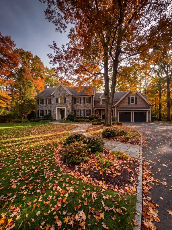 Front yard covered in fall leaves before an AGSM fall cleanup