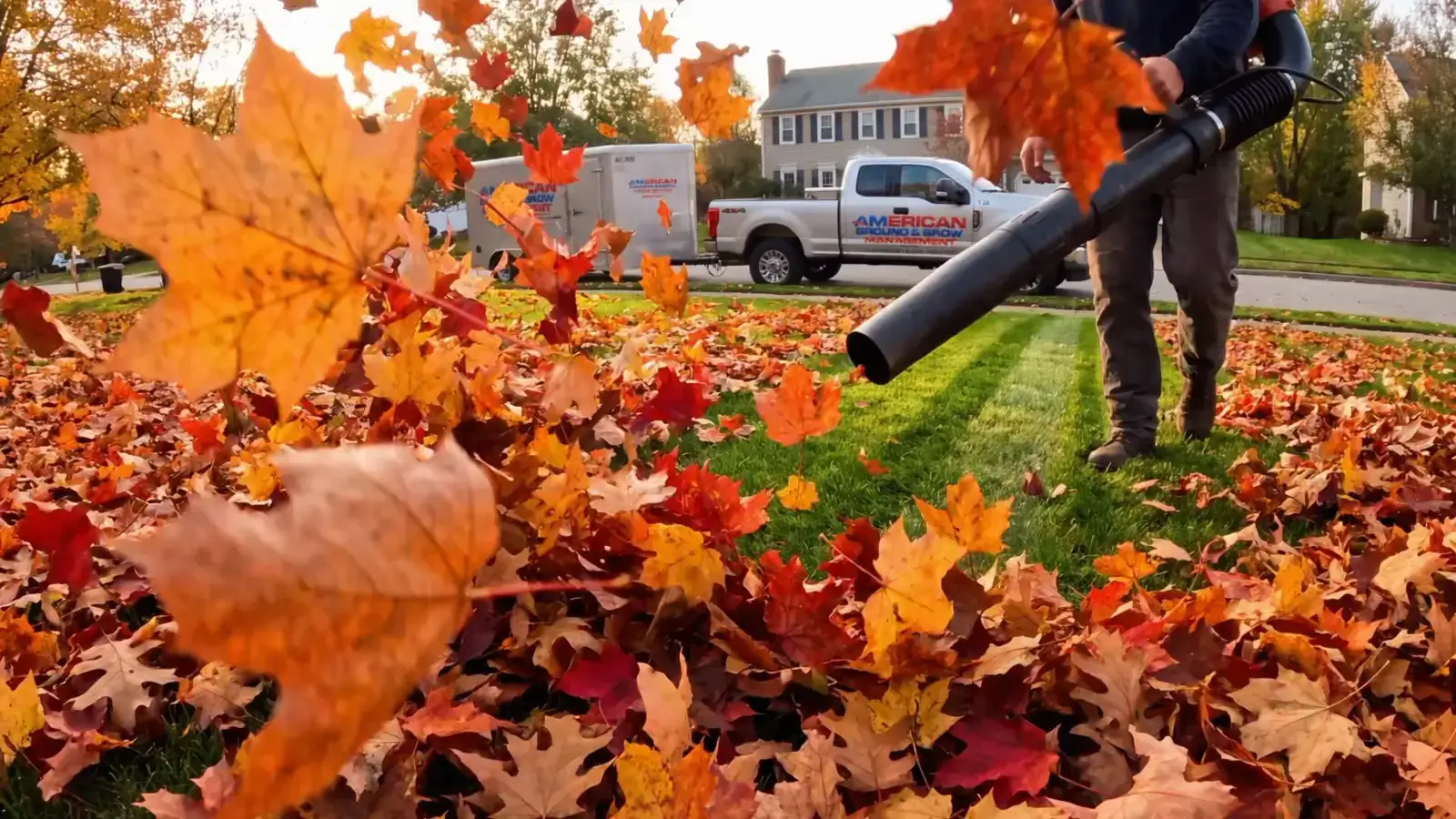 American Ground and Snow Management crew clearing fall leaves from a lawn in Mystic, CT