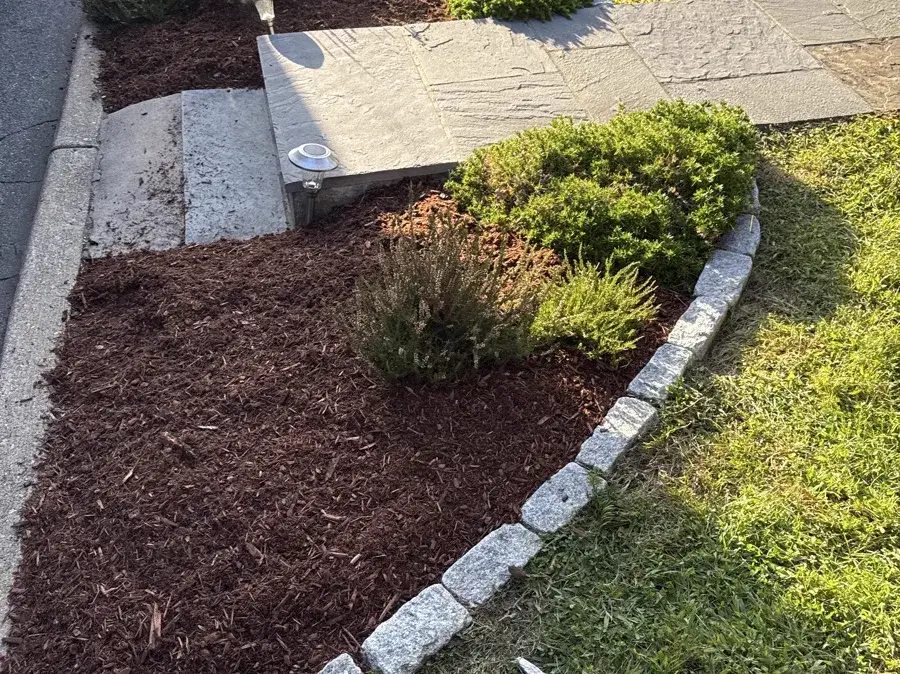 Fresh mulch bed with granite curb edging next to the lawn in Waterford CT