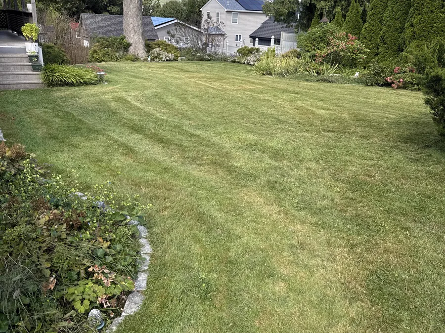 Striped residential lawn and granite-edged bed after AGSM lawn care in Waterford CT